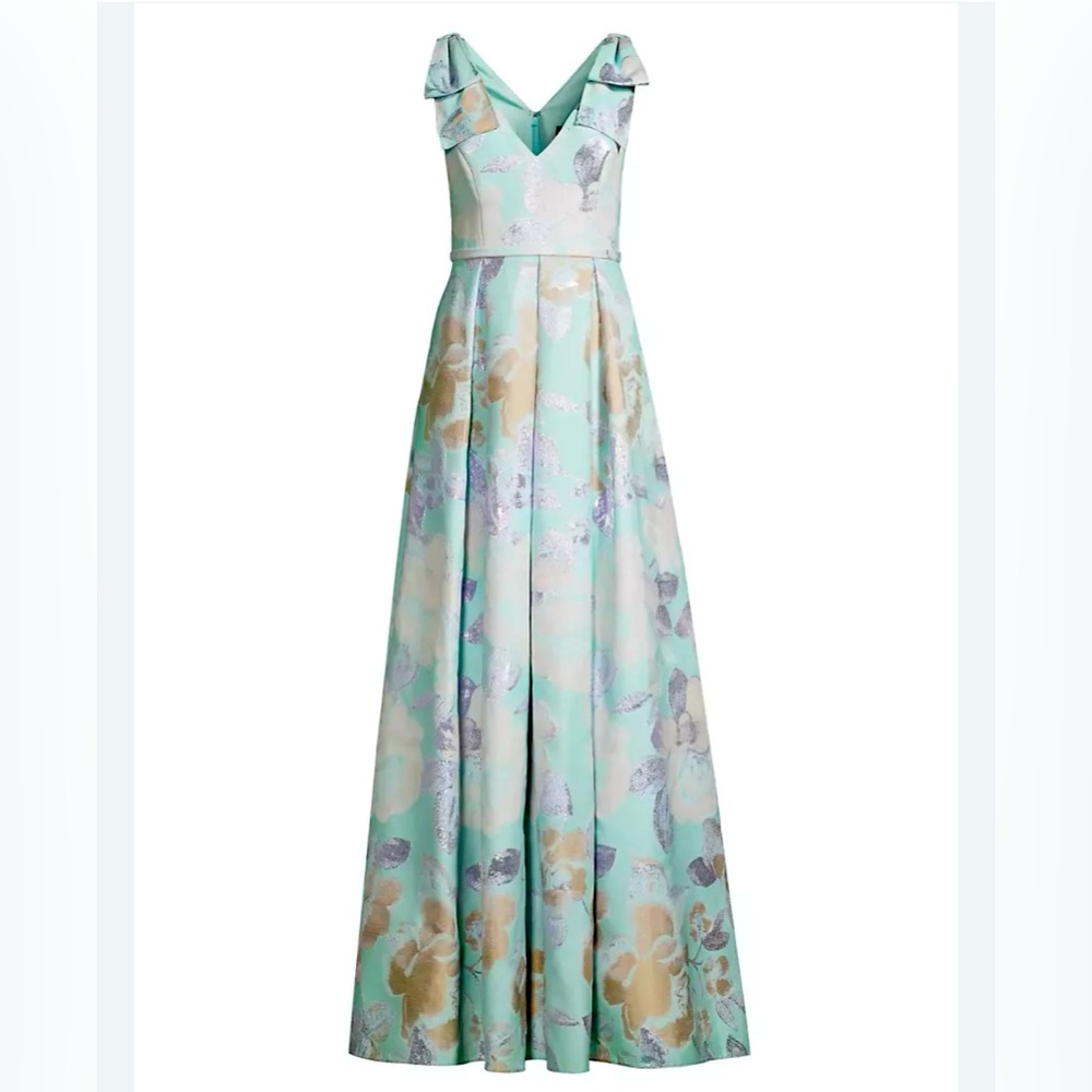 Aidan Mattox Pleated Floral Jacquard Ballgown with Bow Accents V-Neck Size 2 NWT
